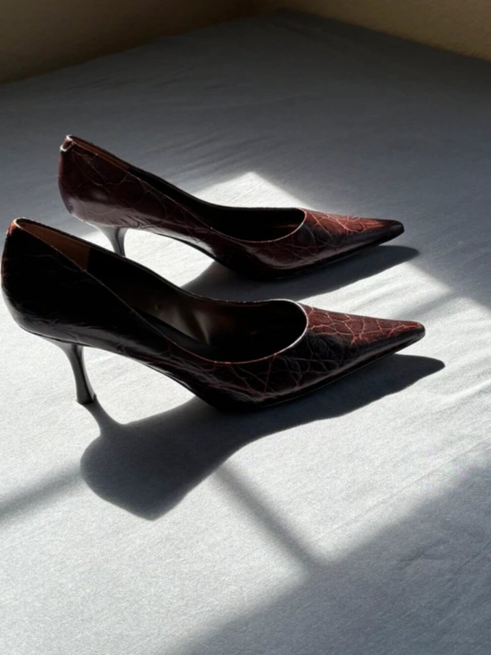 Nine West Nuncio Pointed Toe Heels Brown Croc Embossed